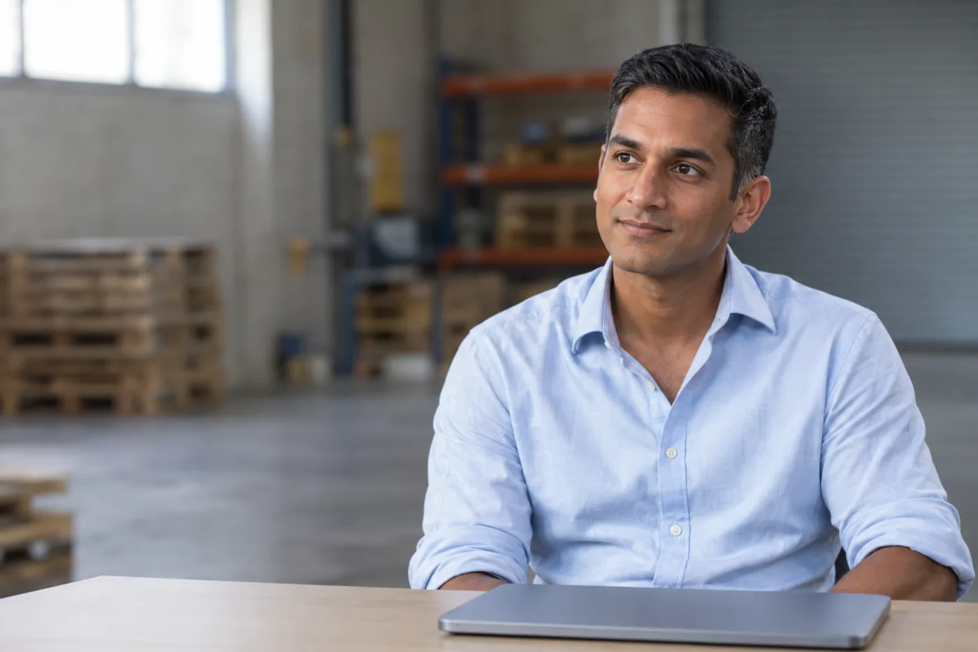 Business owner sitting at a table with a laptop in a warehouse